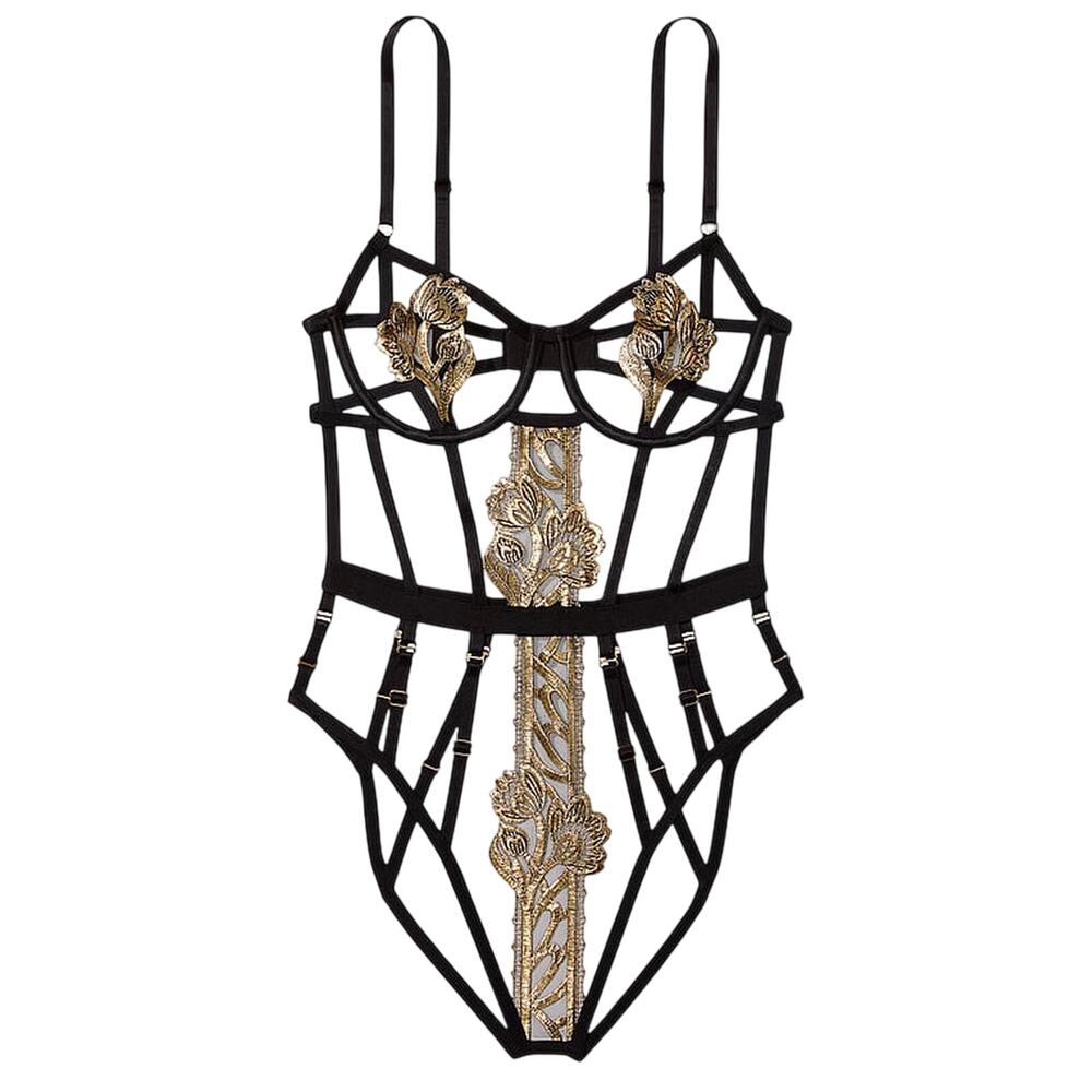Victorias Secret Black Gold Baroque Sexy Strappy Teddy Bodysuit XL